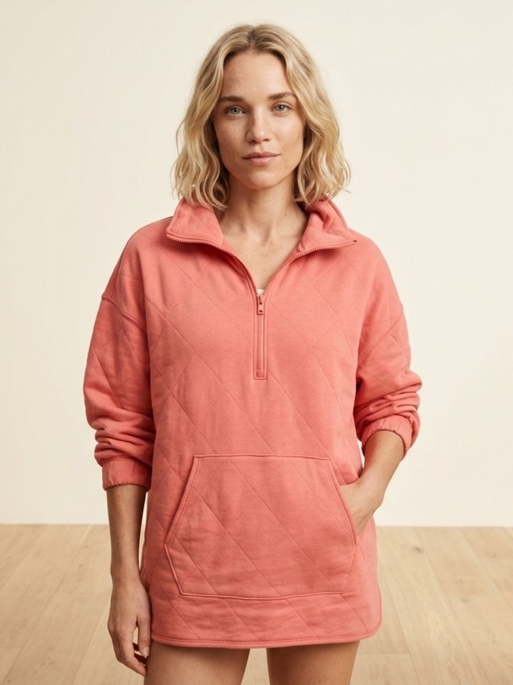 BNWT Old Navy Oversized High-Low Coral Quilted Half-Zip Pullover